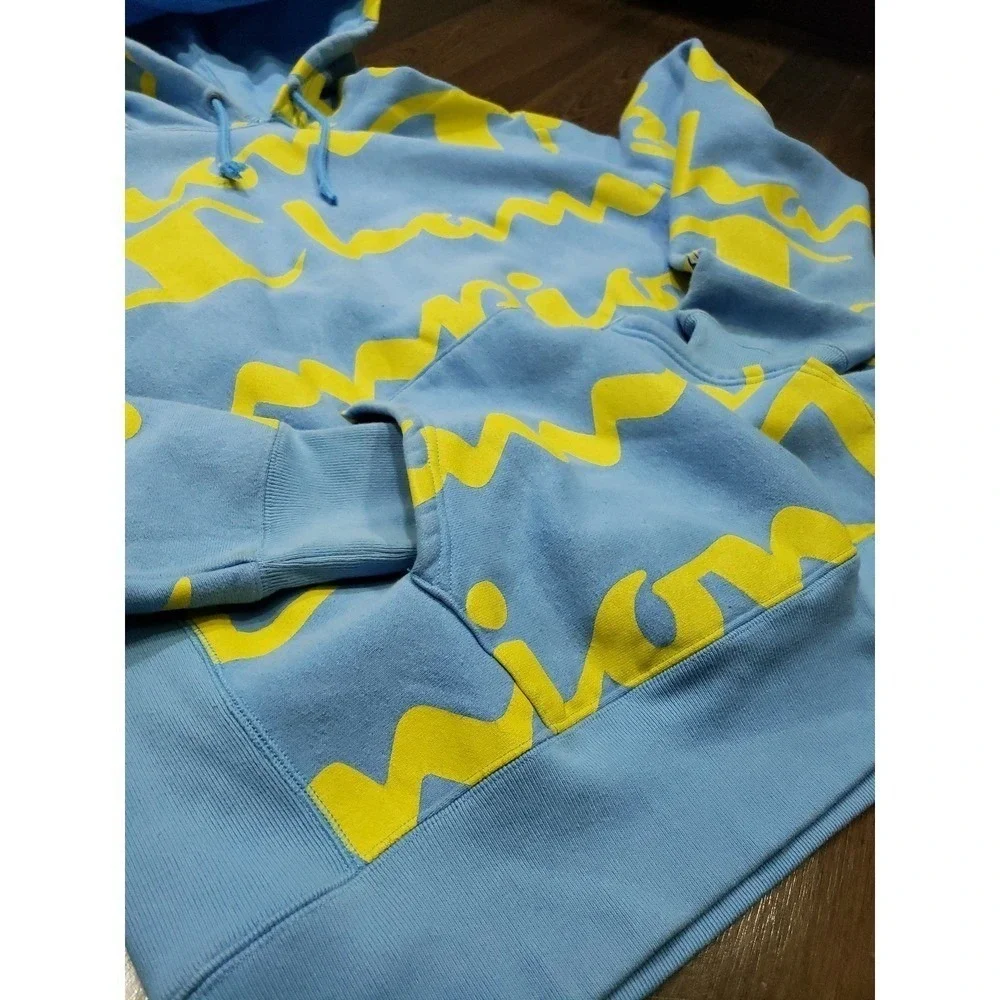 Champion Reverse Weave Hoodie Mens XL Blue Yellow All Over Script Logo Retro 90s